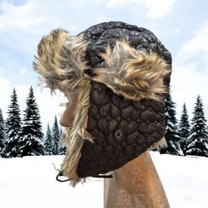 Quilted Faux Fur Trapper Hat,  Black & Brown NEW